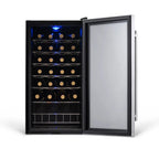 Newair 27 Bottle Freestanding Wine Fridge – 16.9" Stainless Steel - Front view loaded shelves open door