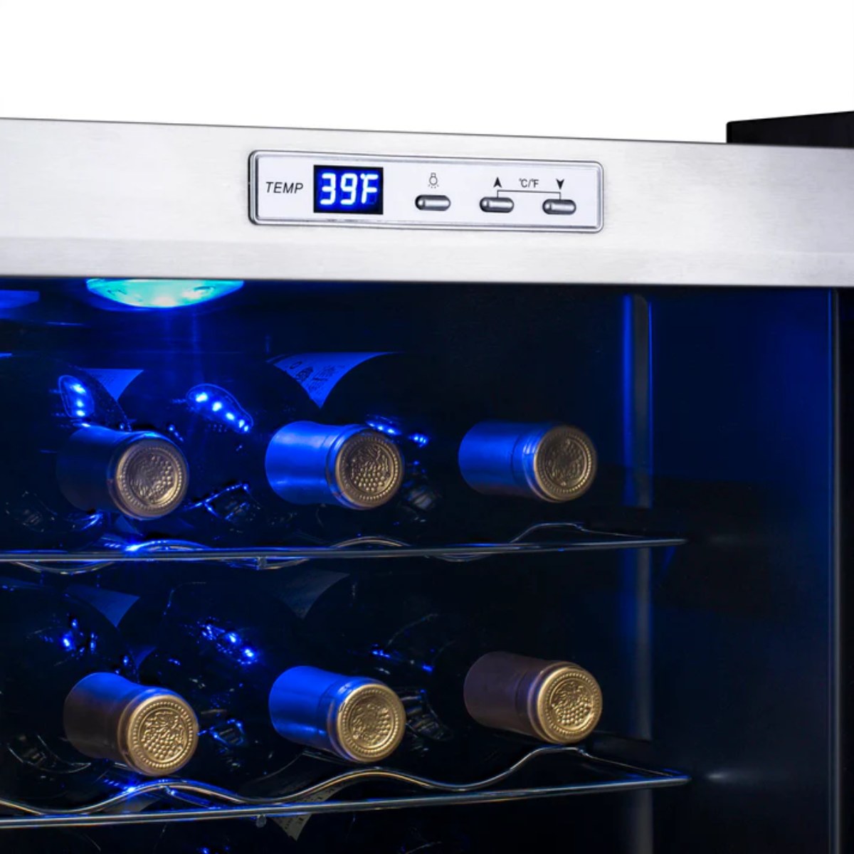 Newair 27 Bottle Freestanding Wine Fridge – 16.9" Stainless Steel - close up view of the digital thermostat