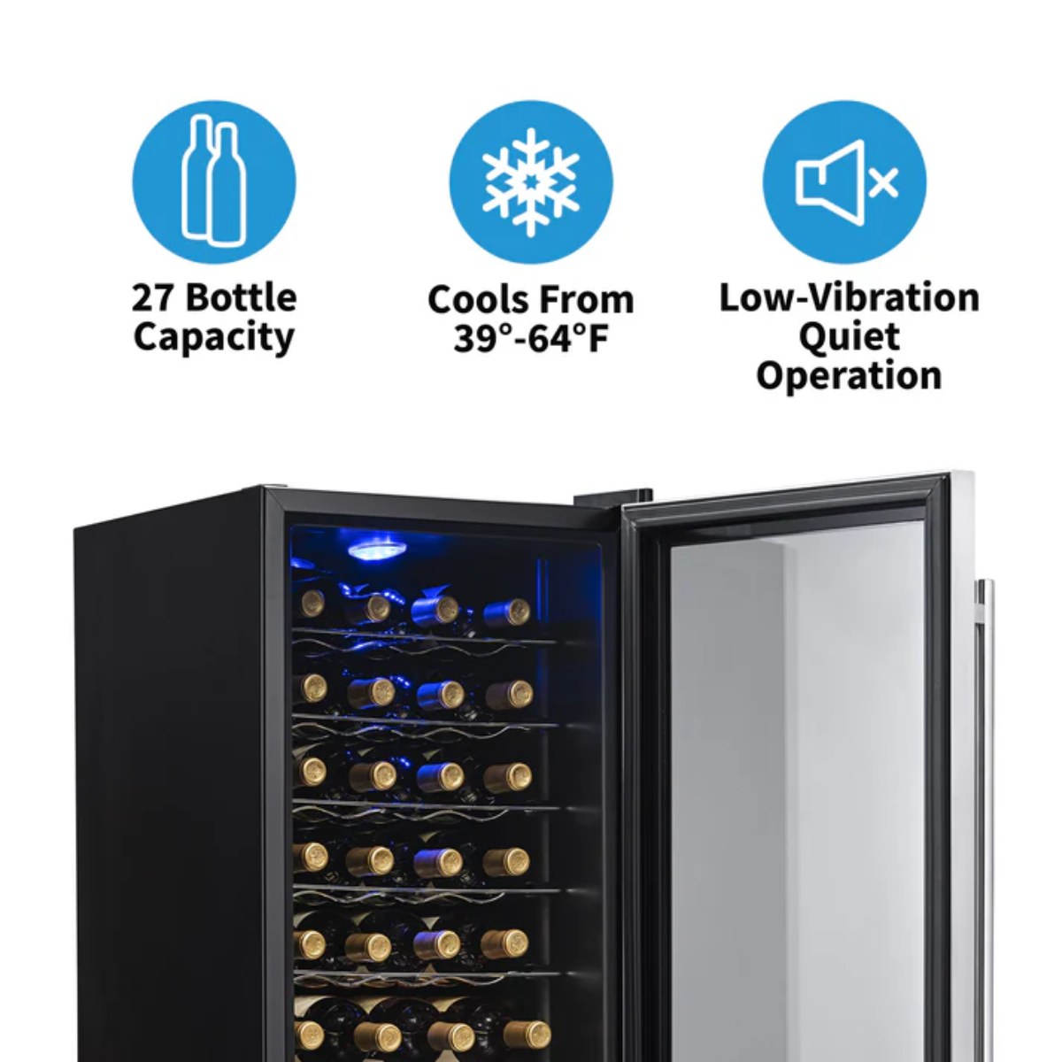 Newair 27 Bottle Freestanding Wine Fridge – 16.9" Stainless Steel - features of the fridge shown