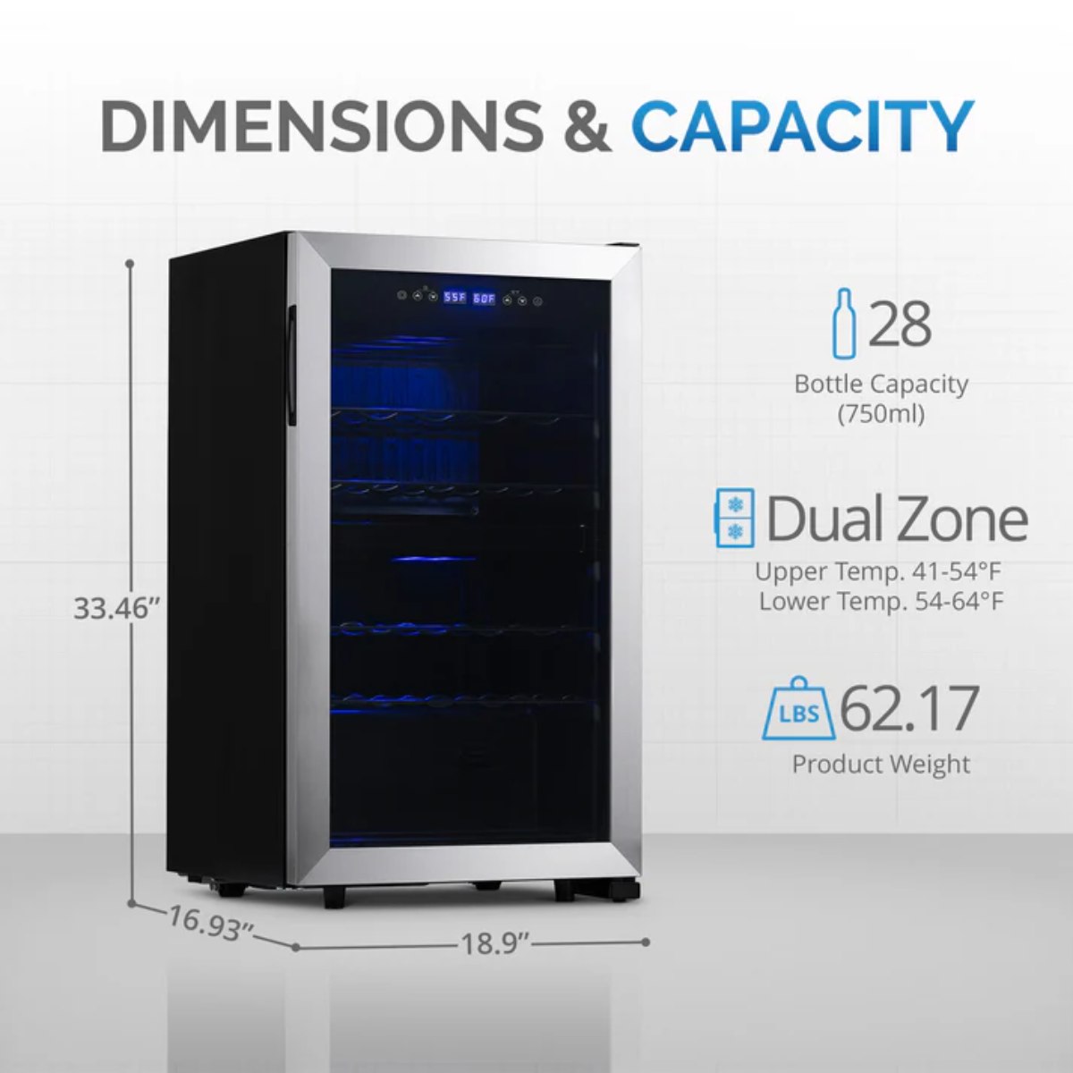 Newair 28 Bottle Freestanding Wine Fridge – 18.9" Stainless Steel - Dimensions and Capacity Shown