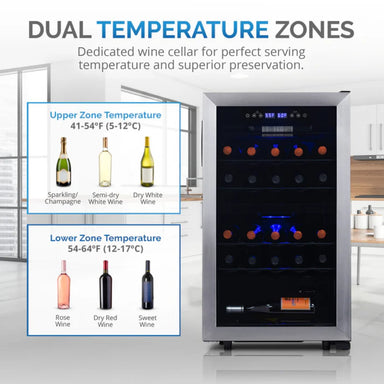 Newair 28 Bottle Freestanding Wine Fridge – 18.9" Stainless Steel - Dual Temperature Zones Upper and Lower
