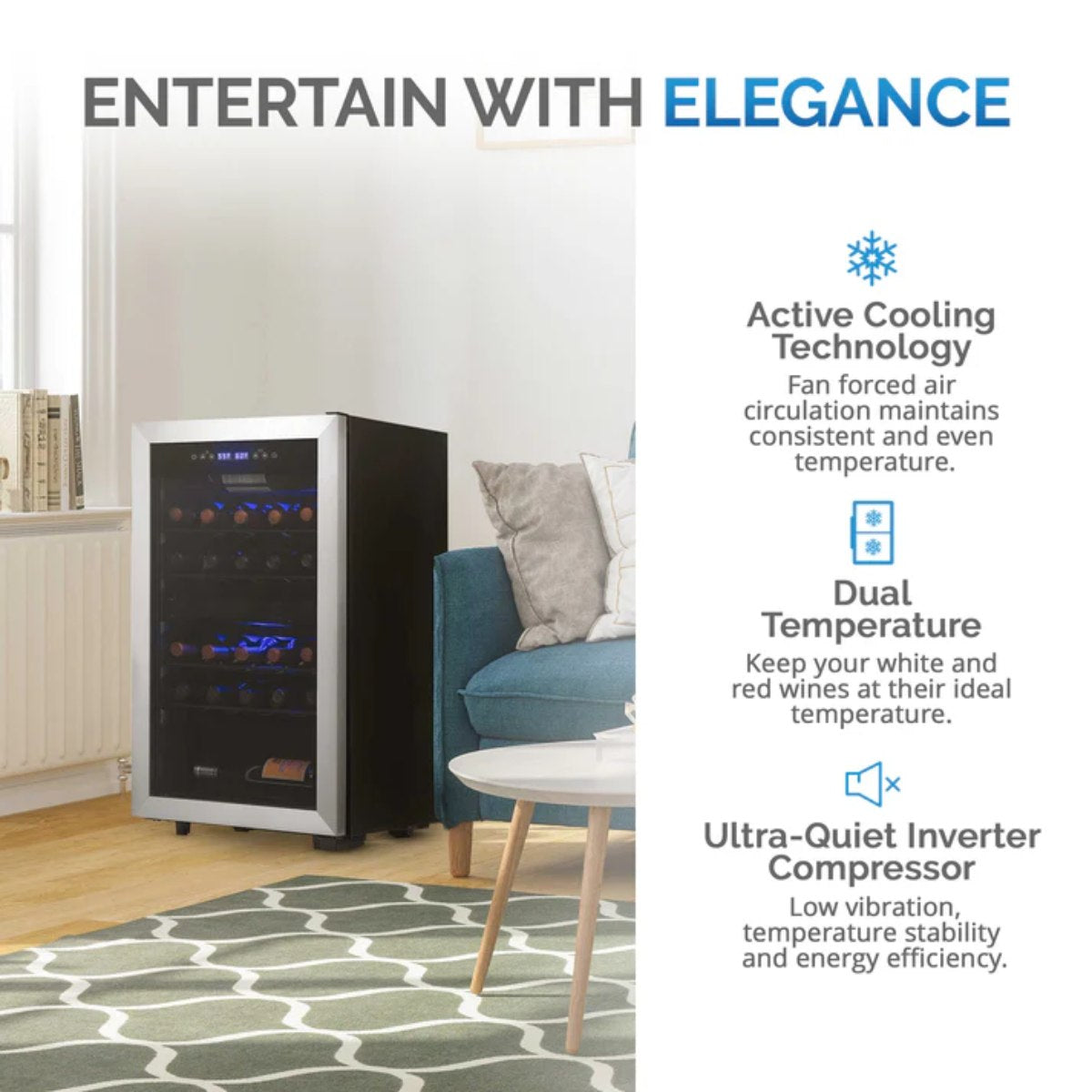 Newair 28 Bottle Freestanding Wine Fridge – 18.9" Stainless Steel - Entertain with Elegance - Features Shown