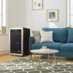 Newair 28 Bottle Freestanding Wine Fridge – 18.9" Stainless Steel - Fridge shown in the living room beside the couch
