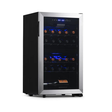 Newair 28 Bottle Freestanding Wine Fridge – 18.9" Stainless Steel - Front Left View - Loaded Shelves - Closed Door