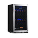 Newair 28 Bottle Freestanding Wine Fridge – 18.9" Stainless Steel - Front Left View - Loaded Shelves - Closed Door