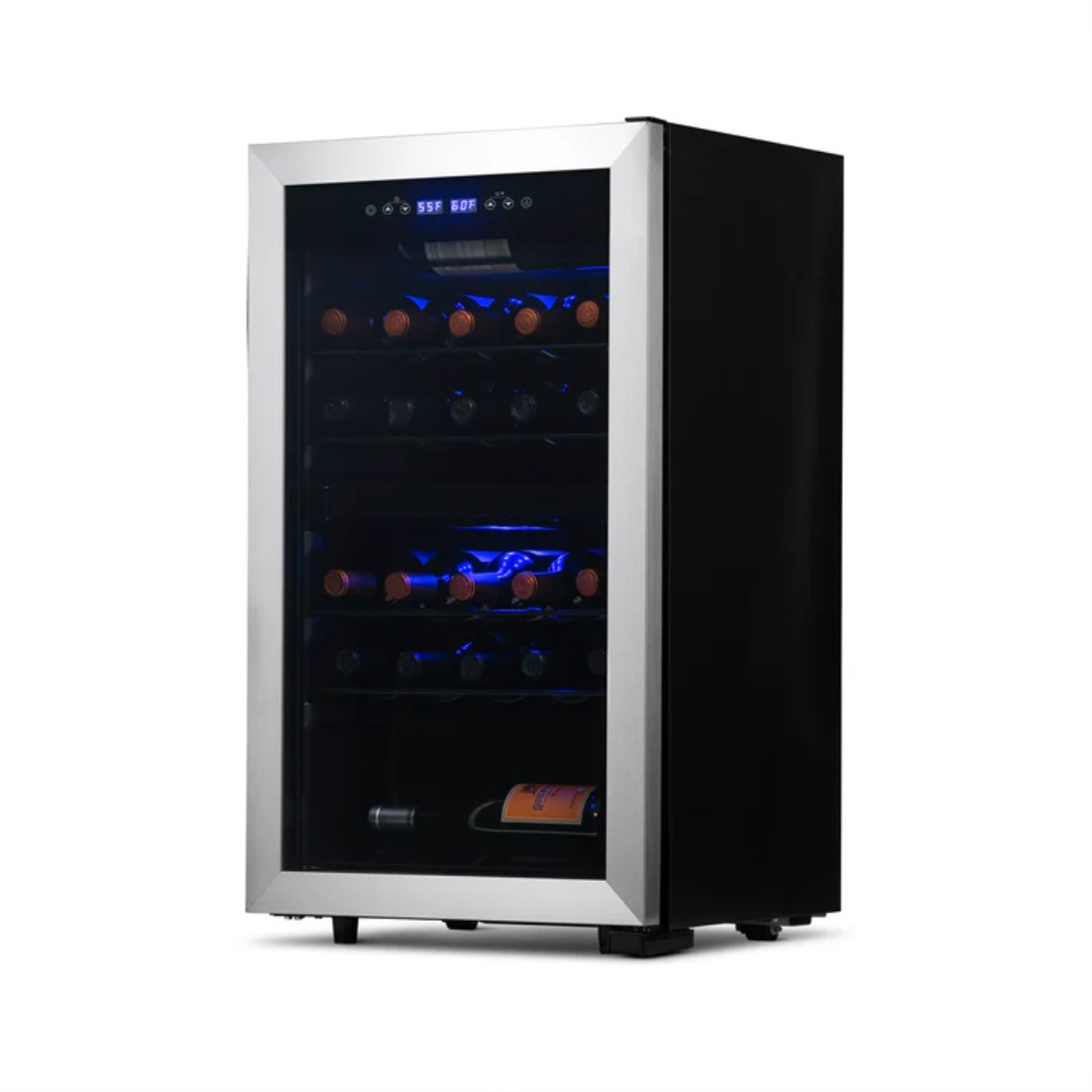 Newair 28 Bottle Freestanding Wine Fridge – 18.9" Stainless Steel - Front Right View - Loaded Shelves - Closed Door