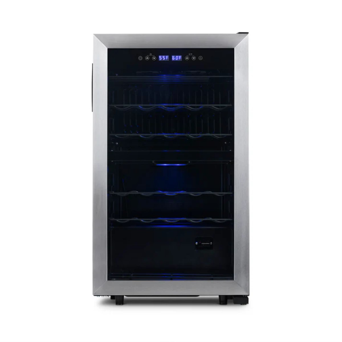 Newair 28 Bottle Freestanding Wine Fridge – 18.9" Stainless Steel - Front View - Empty Shelves - Closed Door