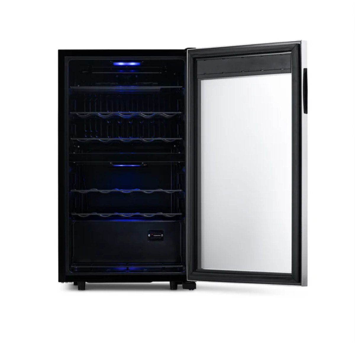 Newair 28 Bottle Freestanding Wine Fridge – 18.9" Stainless Steel - Front View - Empty Shelves - Open Door