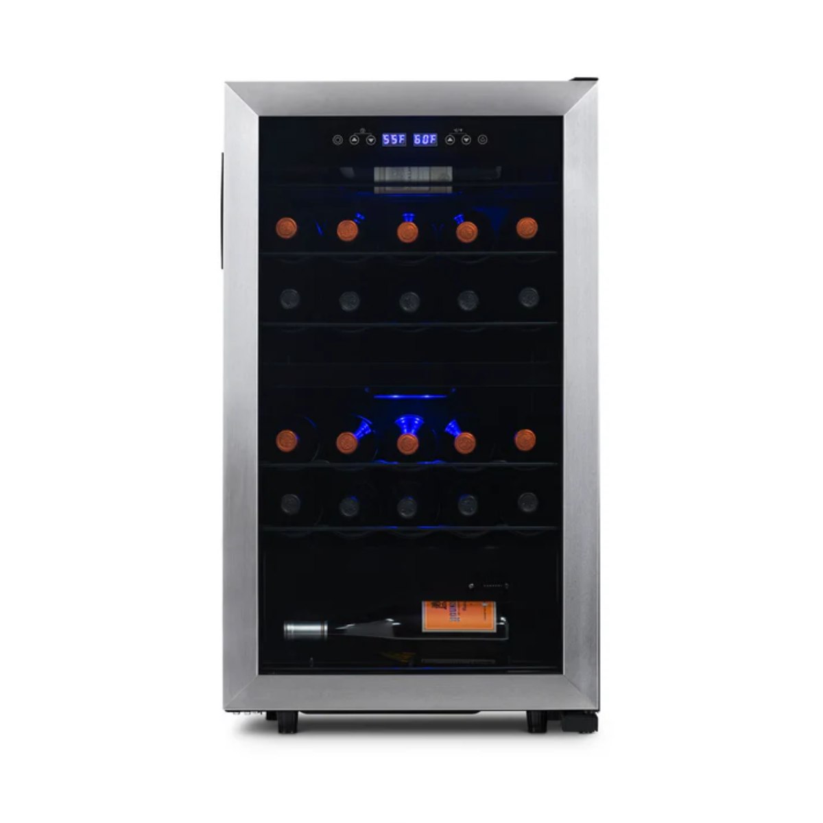 Newair 28 Bottle Freestanding Wine Fridge – 18.9" Stainless Steel - Front View - Loaded Shelves - Closed Door