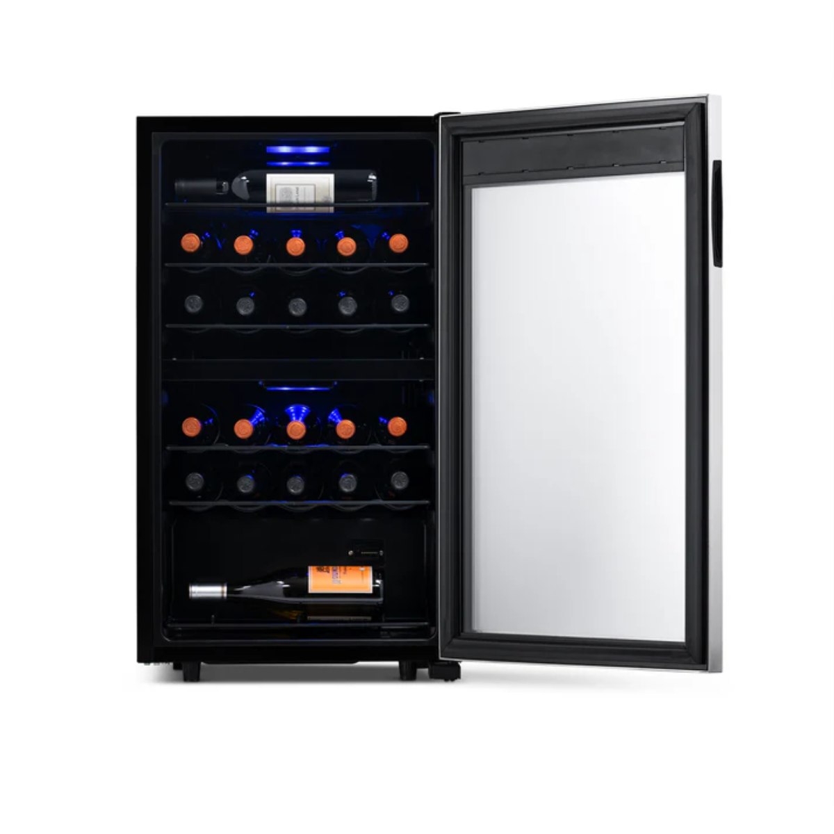 Newair 28 Bottle Freestanding Wine Fridge – 18.9" Stainless Steel - Front View - Loaded Shelves - Open Door