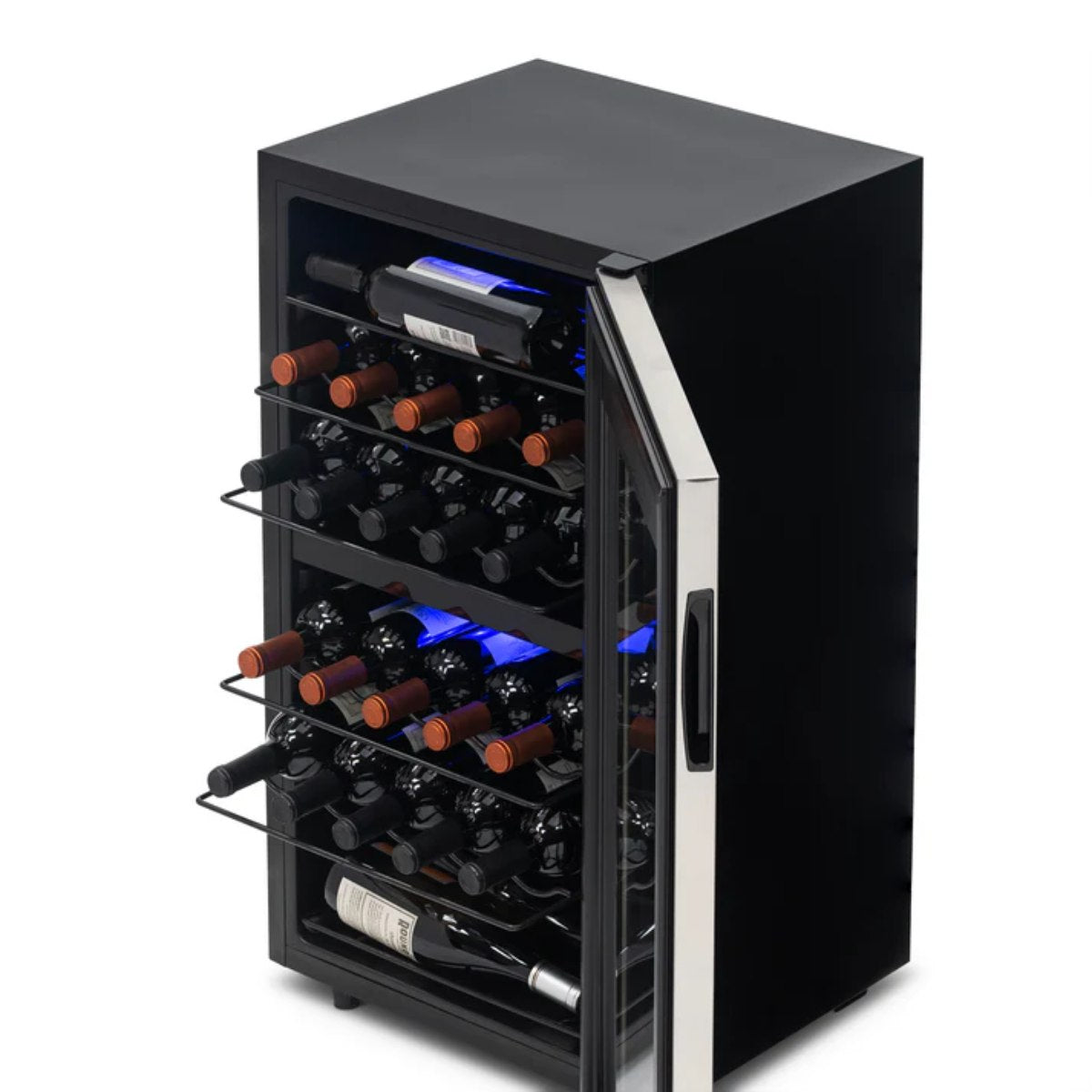Newair 28 Bottle Freestanding Wine Fridge – 18.9" Stainless Steel - Top View of the Fridge with Wines on the Racks