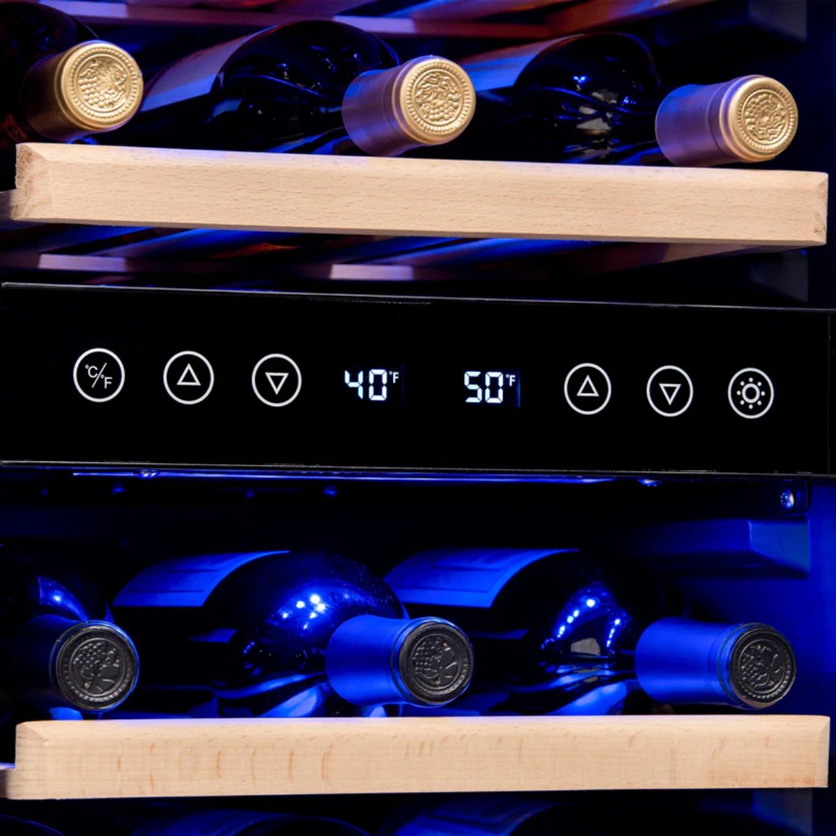 Newair 29 Bottle Dual Zone Wine Fridge – 14.8" Stainless Steel - Close up view of the digital thermostat with wine bottles