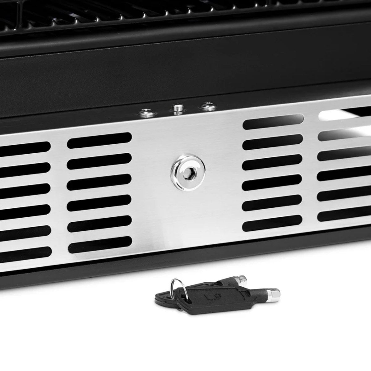 Newair 29 Bottle Dual Zone Wine Fridge – 14.8" Stainless Steel - Close up view of the lock with keys