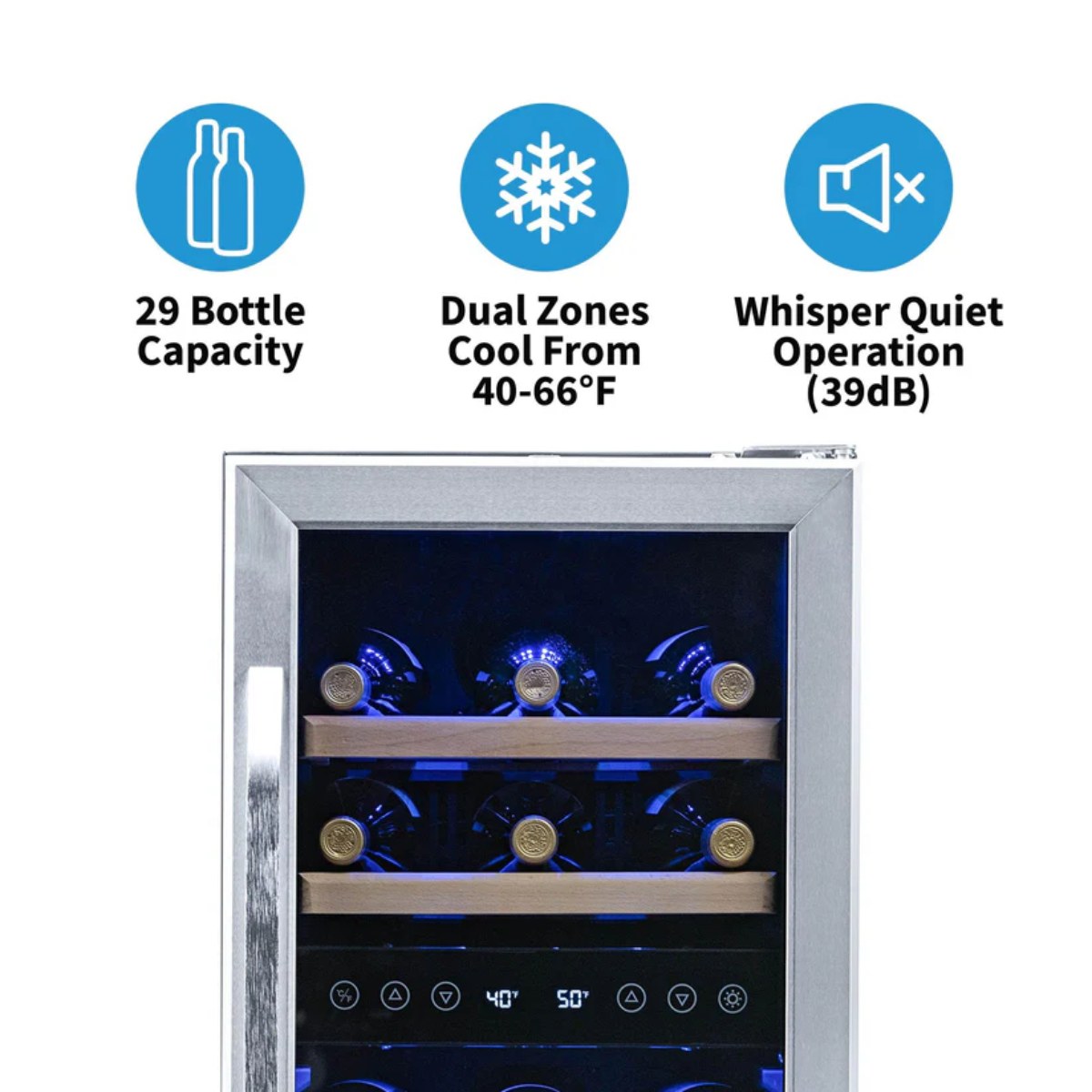 Newair 29 Bottle Dual Zone Wine Fridge – 14.8" Stainless Steel - Features of the fridge shown