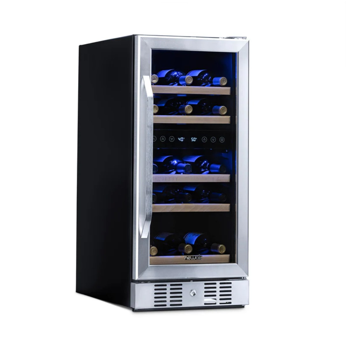 Newair 29 Bottle Dual Zone Wine Fridge – 14.8" Stainless Steel - Front left view loaded inside closed door