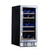 Newair 29 Bottle Dual Zone Wine Fridge – 14.8" Stainless Steel - Front left view loaded inside closed door