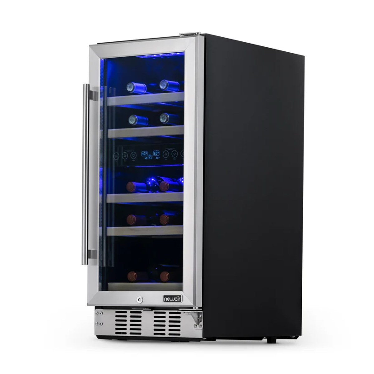 Newair 29 Bottle Dual Zone Wine Fridge – 14.8" Stainless Steel - Front right view loaded inside closed door