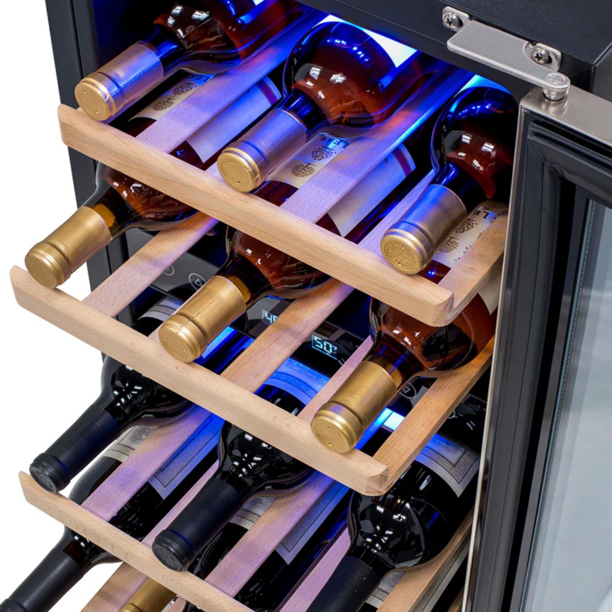 Newair 29 Bottle Dual Zone Wine Fridge – 14.8" Stainless Steel - Top view of the fridge showing the racks with wine bottles