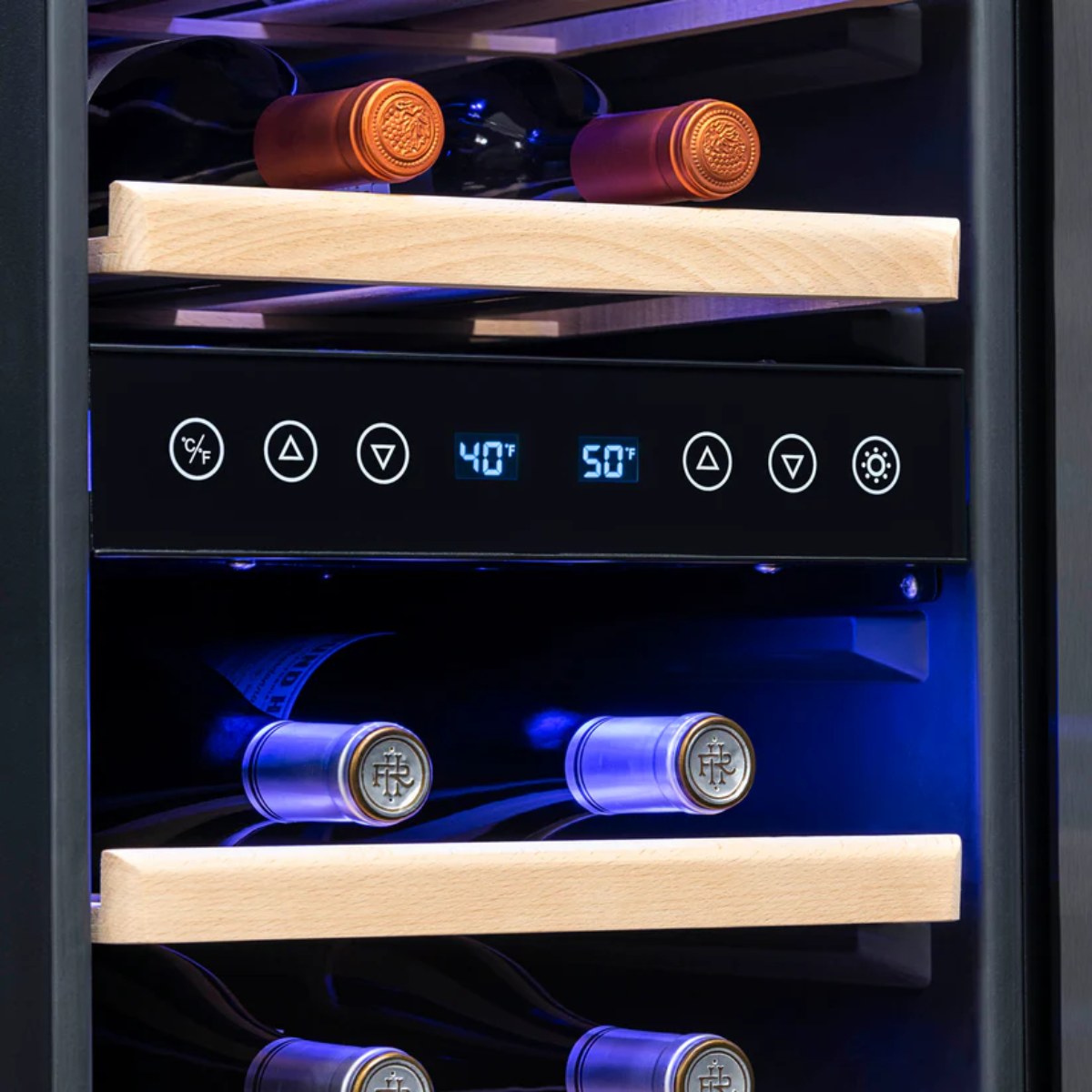 Newair 29 Bottle Dual Zone Wine Fridge – 15" Black Stainless Steel - Close up view of the digital thermostat with buttons