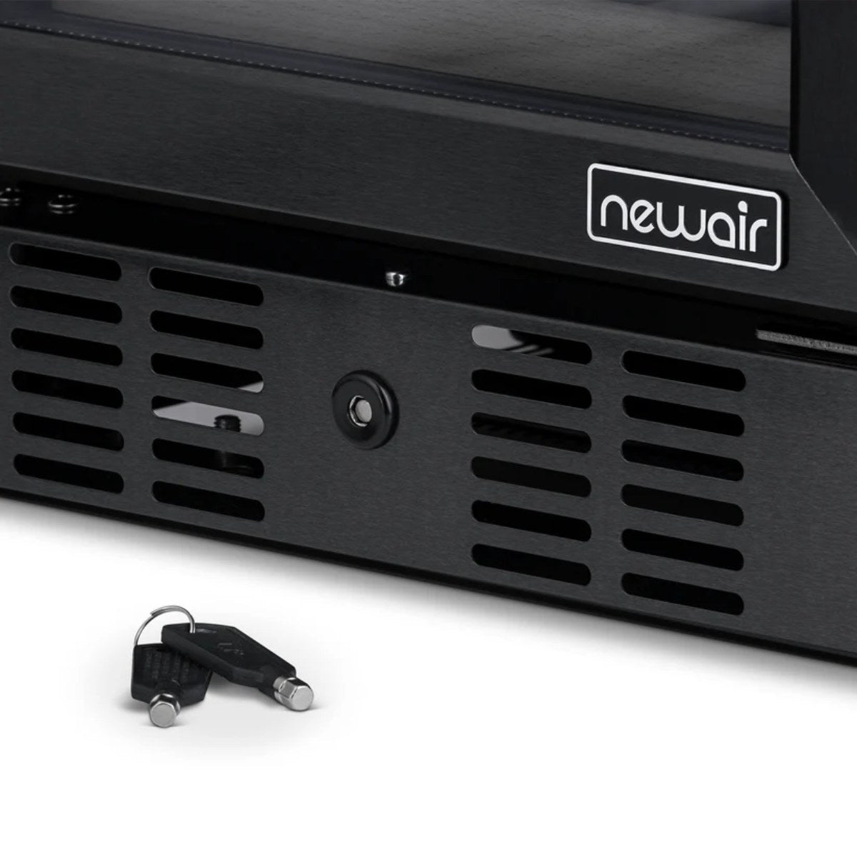 Newair 29 Bottle Dual Zone Wine Fridge – 15" Black Stainless Steel - Close up view of the lock with keys