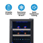 Newair 29 Bottle Dual Zone Wine Fridge – 15" Black Stainless Steel - Features of the fridge shown