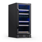 Newair 29 Bottle Dual Zone Wine Fridge – 15" Black Stainless Steel - Front left view empty inside closed door