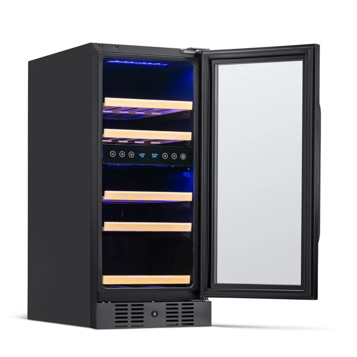 Newair 29 Bottle Dual Zone Wine Fridge – 15" Black Stainless Steel - Front left view empty inside open door