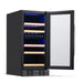 Newair 29 Bottle Dual Zone Wine Fridge – 15" Black Stainless Steel - Front left view empty inside open door