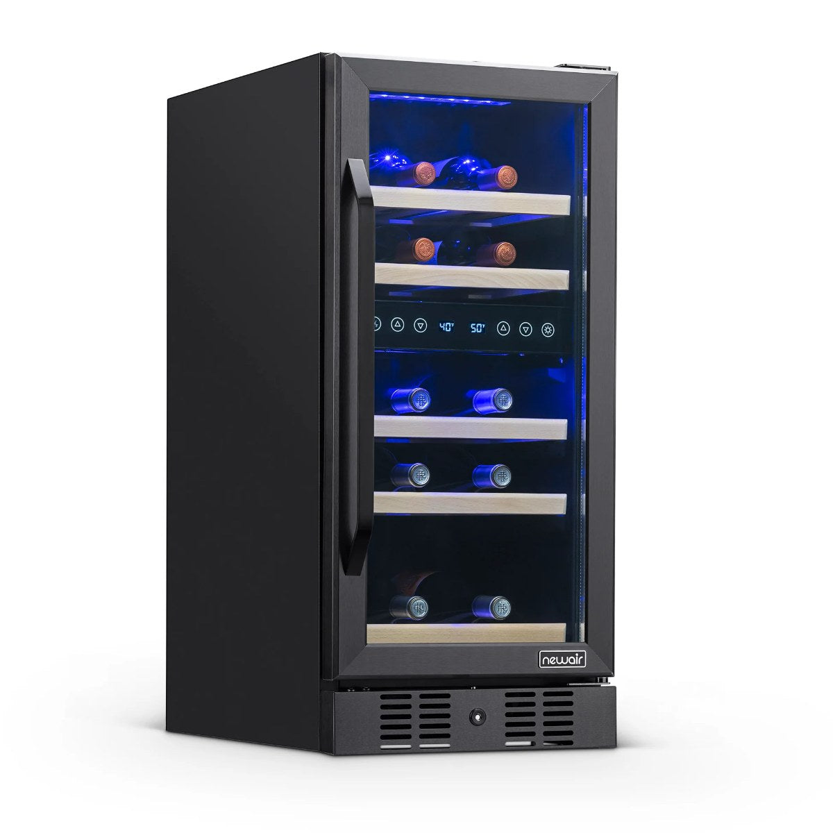 Newair 29 Bottle Dual Zone Wine Fridge – 15" Black Stainless Steel - Front left view loaded inside closed door