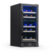 Newair 29 Bottle Dual Zone Wine Fridge – 15" Black Stainless Steel - Front left view loaded inside closed door