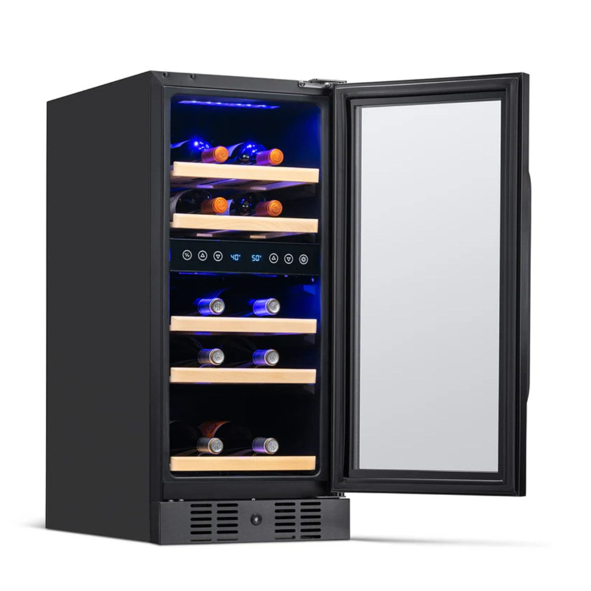 Newair 29 Bottle Dual Zone Wine Fridge – 15" Black Stainless Steel - Front left view loaded inside open door