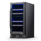 Newair 29 Bottle Dual Zone Wine Fridge – 15" Black Stainless Steel - Front right view empty inside closed door