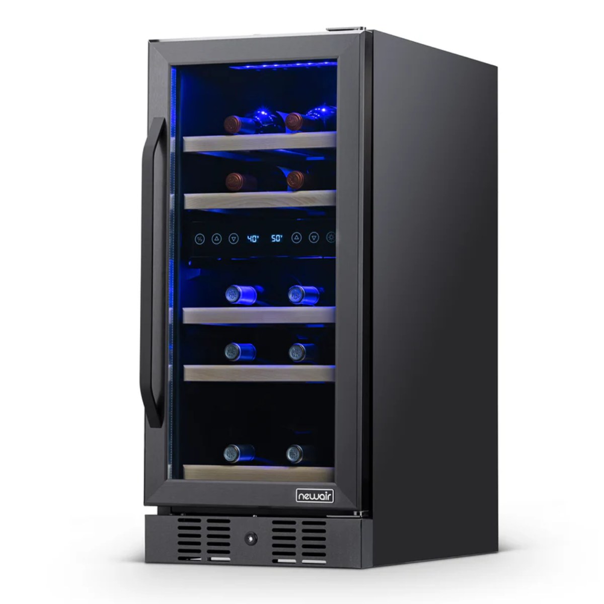 Newair 29 Bottle Dual Zone Wine Fridge – 15" Black Stainless Steel - Front right view loaded inside closed door