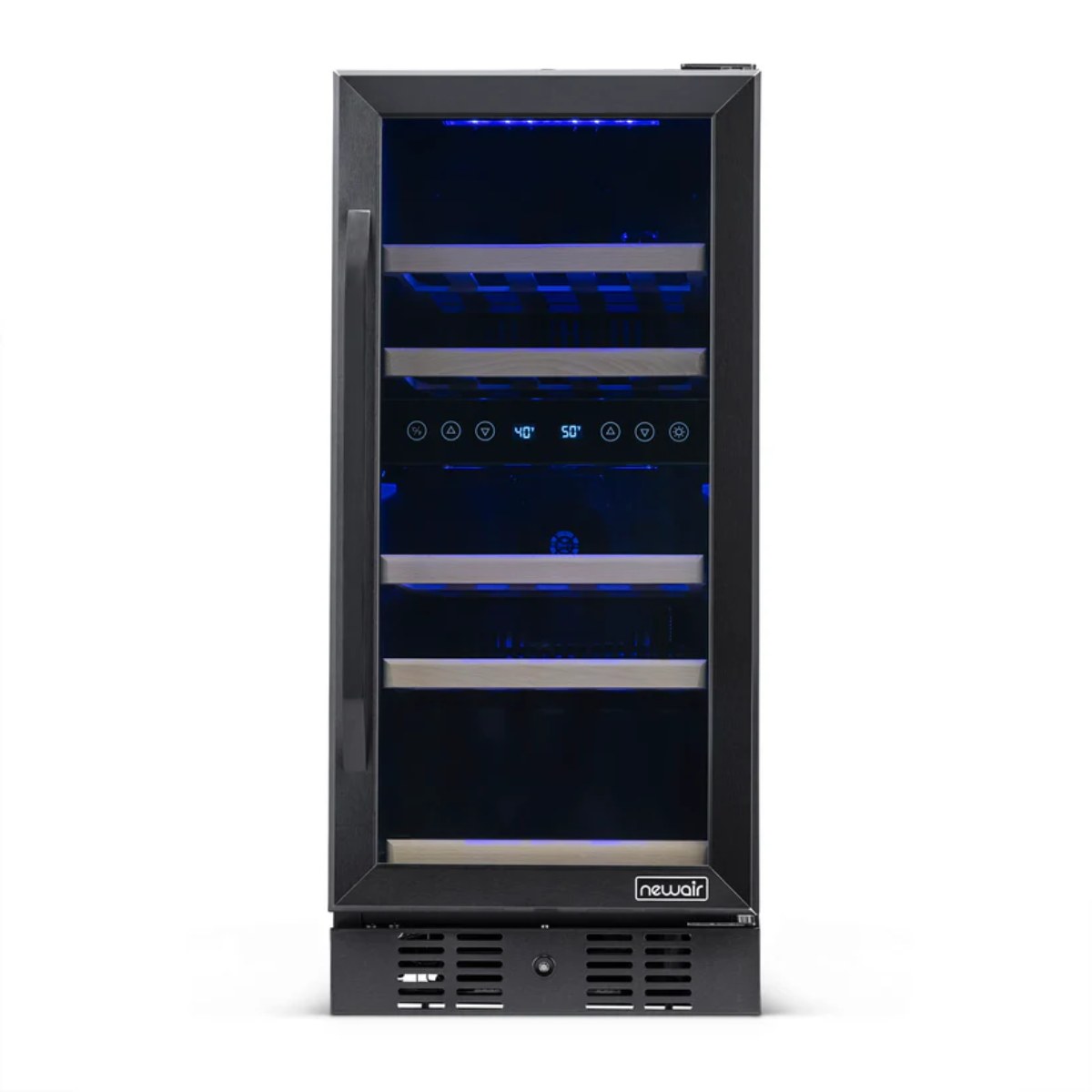 Newair 29 Bottle Dual Zone Wine Fridge – 15" Black Stainless Steel - Front view empty inside closed door