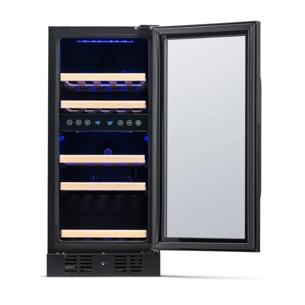 Newair 29 Bottle Dual Zone Wine Fridge – 15" Black Stainless Steel - Front view empty inside open door
