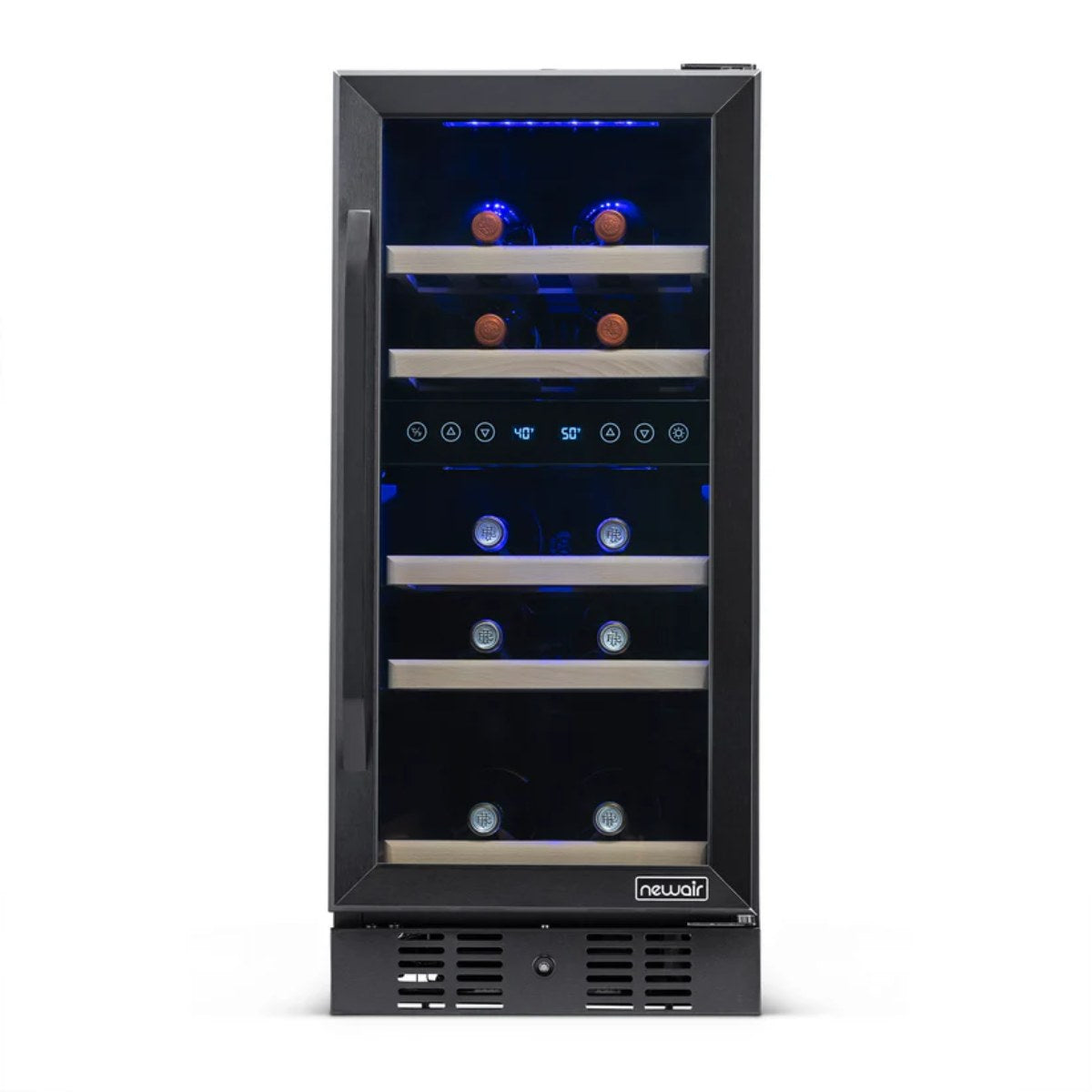 Newair 29 Bottle Dual Zone Wine Fridge – 15" Black Stainless Steel - Front view loaded inside closed door
