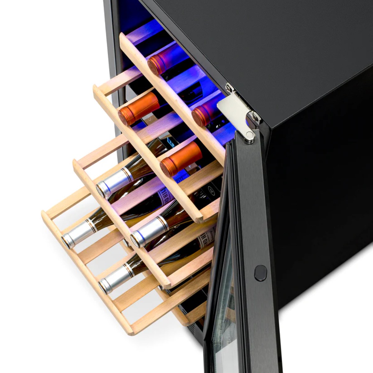 Newair 29 Bottle Dual Zone Wine Fridge – 15" Black Stainless Steel - Top view showing racks with wine bottles