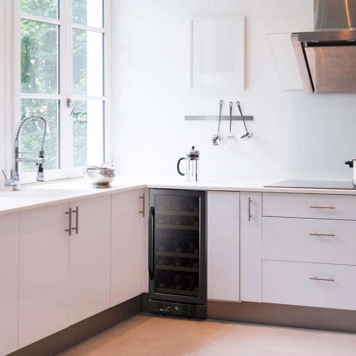 Newair 29 Bottle Dual Zone Wine Fridge – 15" Black Stainless Steel - fridge built into dark wood kitchen cabinetry