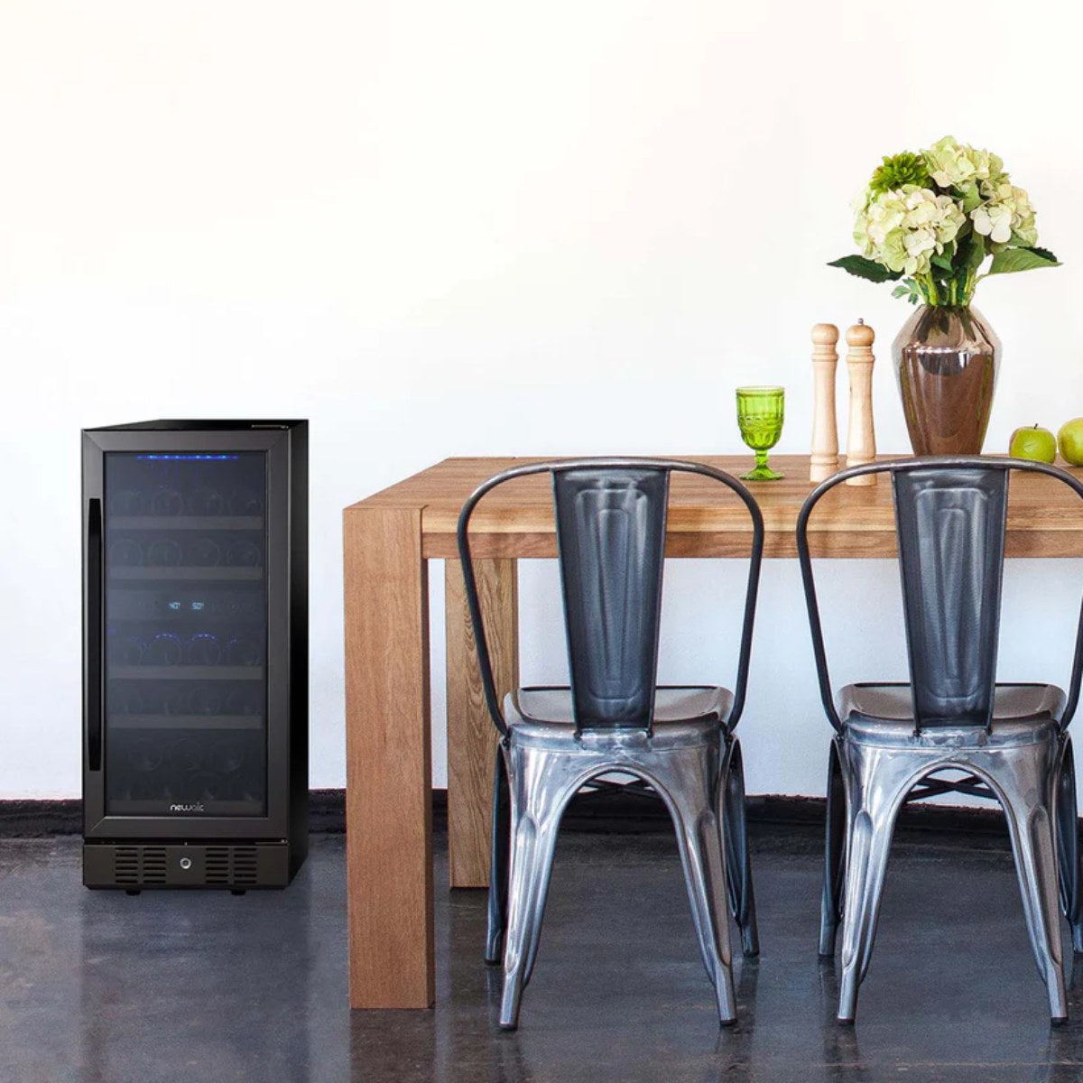 Newair 29 Bottle Dual Zone Wine Fridge – 15" Black Stainless Steel - fridge built into wooden kitchen cabinets