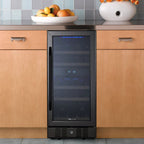 Newair 29 Bottle Dual Zone Wine Fridge – 15" Black Stainless Steel - fridge built into wooden kitchen cabinets