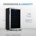 Newair 33 Bottle Freestanding Wine Fridge – 18.9" Stainless Steel - Dimensions and Capacity Shown