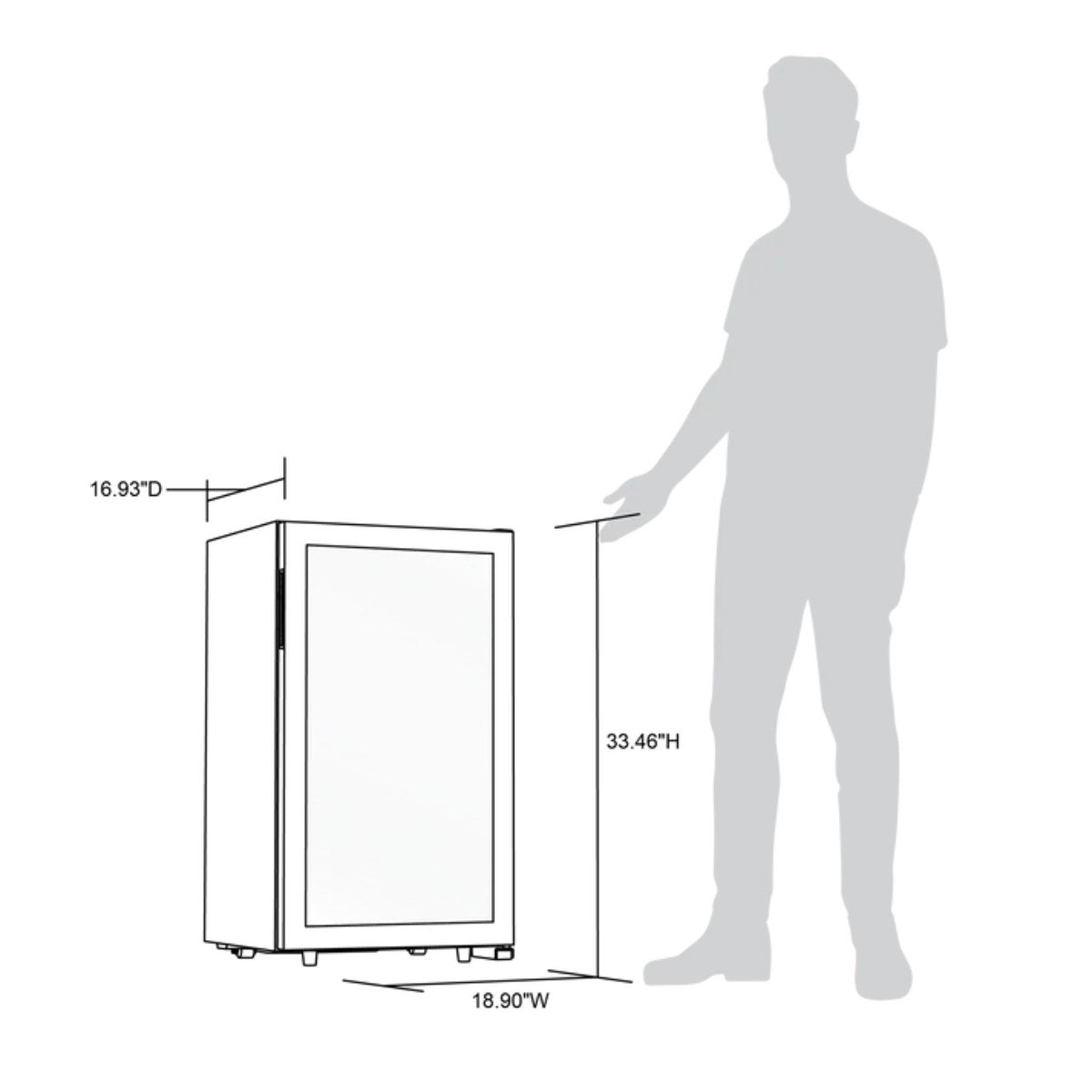 Newair 33 Bottle Freestanding Wine Fridge – 18.9" Stainless Steel - Dimensions of the Fridge with Comparison shown