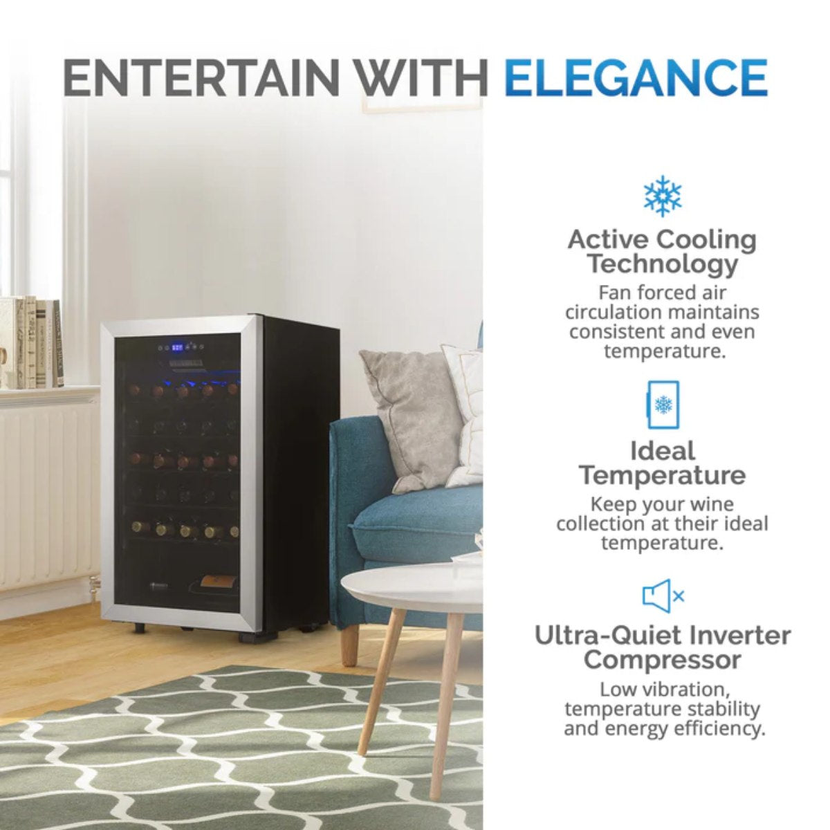 Newair 33 Bottle Freestanding Wine Fridge – 18.9" Stainless Steel - Entertain with Elegance - Features Shown