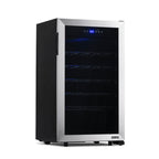 Newair 33 Bottle Freestanding Wine Fridge – 18.9" Stainless Steel - Front Left View - Empty Shelves - Closed Door