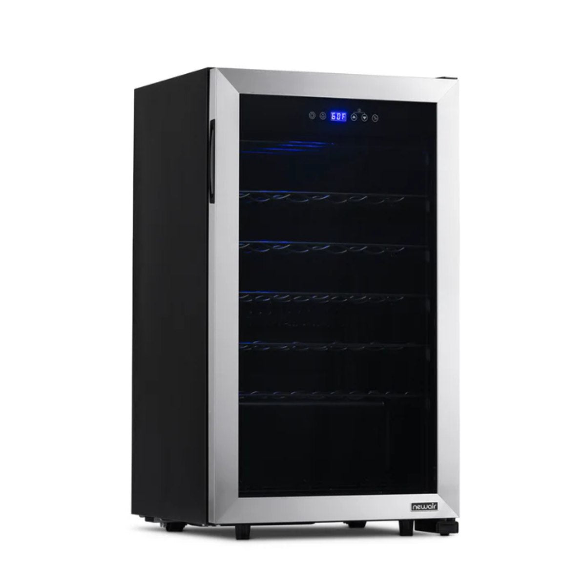 Newair 33 Bottle Freestanding Wine Fridge – 18.9" Stainless Steel - Front Left View - Empty Shelves - Closed Door