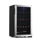 Newair 33 Bottle Freestanding Wine Fridge – 18.9" Stainless Steel - Front Left View - Loaded Shelves - Closed Door