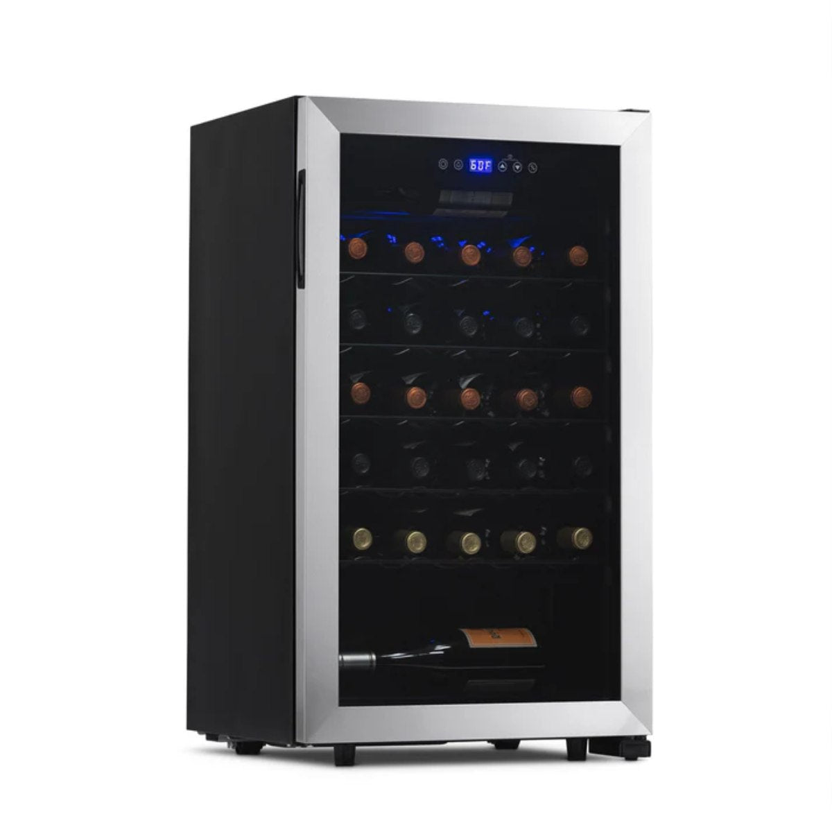 Newair 33 Bottle Freestanding Wine Fridge – 18.9" Stainless Steel - Front Left View - Loaded Shelves - Closed Door