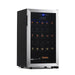 Newair 33 Bottle Freestanding Wine Fridge – 18.9" Stainless Steel - Front Left View - Loaded Shelves - Closed Door