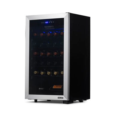 Newair 33 Bottle Freestanding Wine Fridge – 18.9" Stainless Steel - Front Right View - Loaded Shelves - Closed Door