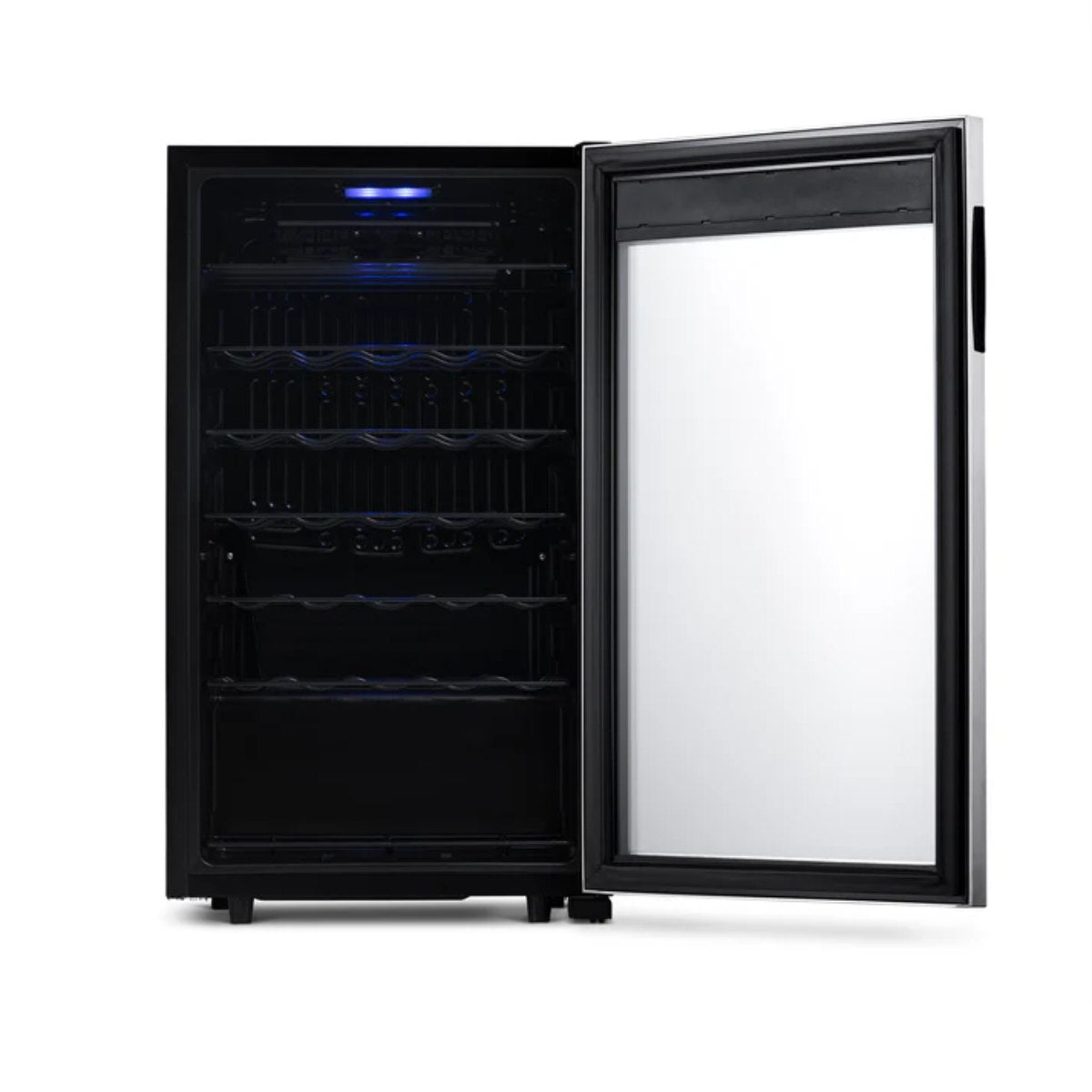 Newair 33 Bottle Freestanding Wine Fridge – 18.9" Stainless Steel - Front View - Empty Shelves - Open Door